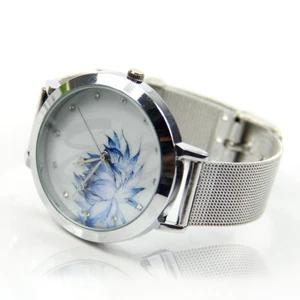 Women s Fashion Stainless Steel Mesh Blue Lotus for Rhinestone Quartz Wrist Watc - Picture 1 of 2