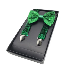 St Patricks Day Sequin Green Suspenders & Bowtie Set - Shiny Green Sequined Tie - Picture 1 of 5
