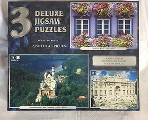 Sure-Lox 3 Deluxe Jigsaw Puzzles New In Box Castle Fountain Window Boxes Germany - Picture 1 of 9