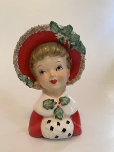 Lefton Christmas Girl Head Vase Planter 1499 Holly Muff 6 1/2” - Picture 1 of 6