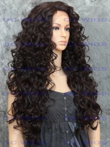 Long Full Spiral Curls Heat OK Lace Front Human Hair Blend Wig Dark Brown EVFK 4 - Picture 1 of 7