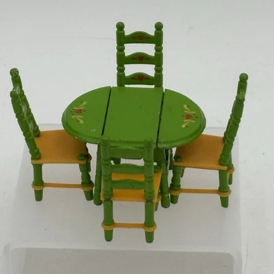 Vtg Set 4 Chairs Table THE LITTLES Dollhouse Miniature Green Yellow Mattel - Image 1 of 4