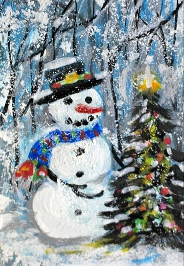 ACEO Original PINTURA Muñeco de Nieve Invierno Nieve ÁRBOL DE NAVIDAD Paisaje Naturaleza ATC ARTE Foto 1 de 1