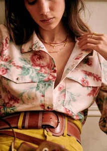 Sezane Claudia Shirt 8 10 36 38 Linen Cotton Canvas Antique Floral Rose Blouse - Picture 1 of 15