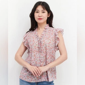REBECCA TAYLOR LA VIE Sleeveless Eva Floral Top Blouse Ruffle Pink Sz Large - Bild 1 von 7