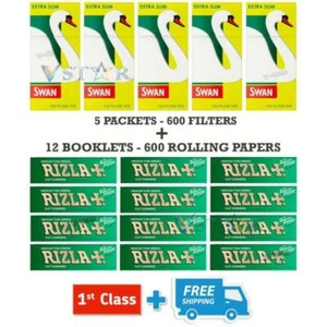 600 RIZLA GREEN ROLLING PAPERS & 600 SWAN EXTRA SLIM FILTER TIPS SMOKING - Picture 1 of 7