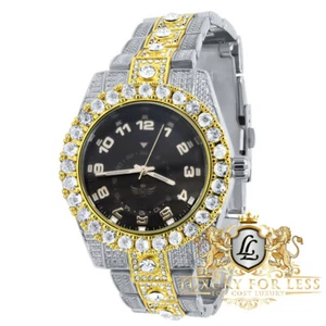 Men's Black Dial Solitaire Gold Finish Simulated Diamond Steel Back Watch 45mm - Picture 1 of 5