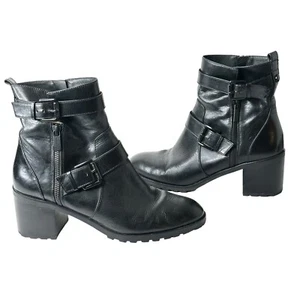 Michael Kors Gretchen Mid Heel Bootie Black Leather Moto Chunky Lug Sole 9M - Picture 1 of 12