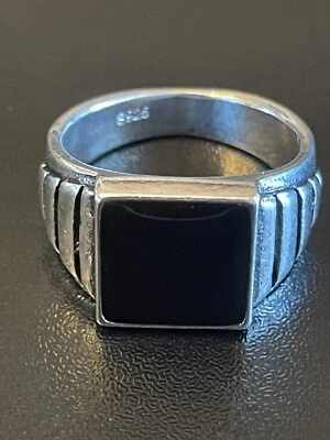 Черное квадратное обсидиановое посеребренное мужское женское кольцо S925 размер 8 - Изображение 1 из 4
