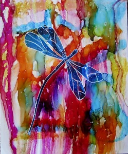 5x7" art Print blue dragonfly colorful background by Lynne Kohler - Picture 1 of 1