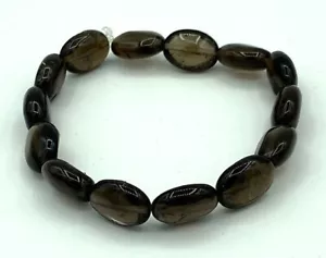 Natural Smoky Quartz Gemstone Puffed Ovals Beaded Stretch Bracelet - Picture 1 of 1