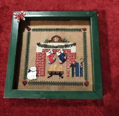 Christmas Holiday Needlepoint Fireplace Scene Framed Wall Decor- Vintage 1960s - Image 1 of 4