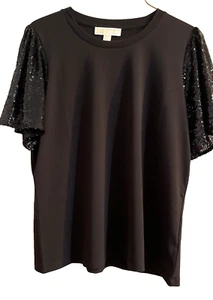 Cute! MICHAEL KORS Top Solid Black 🎁❤️ Sequin Short Sleeve Logo sz.L New w/tag - Picture 1 of 9