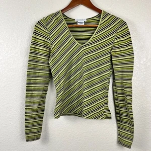 Old Navy Women’s Size S Green Striped Y2K Stretch Top Long Sleeve V-Neck - Picture 1 of 6