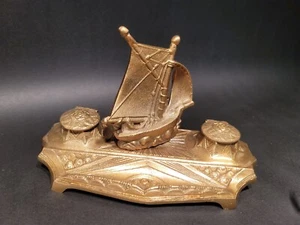Vintage Antique Style Brass Sailboat Double inkwell Desk Set - Picture 1 of 15