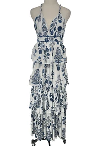 NWT Ro's Garden Women’s L Large Tiered Blue Floral Maxi Dress Sleeveless - Picture 1 of 14