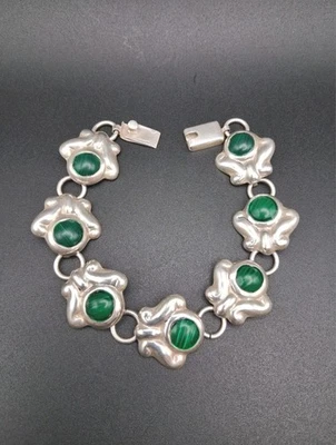 Malachite Link Bracelet, Southwestern, Artist Signed, Vintage, Sterling Silver  - Image 1 of 4