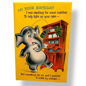 Vintage 60er Grußkarte Geburtstag signiert Norcross Elefant Schnaps dreifach gefaltet - Bild 1 von 6