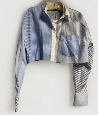 Camisa corta Zara grande para mujer a rayas con botones blanca azul algodón talla NUEVA Foto 1 de 4