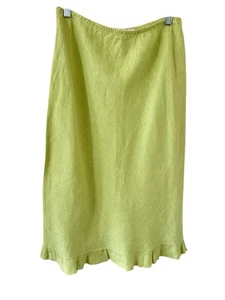 Vintage 90s Y2k Cut Loose Lime Green 100% Linen Tiered Ruffle Hem Midi Skirt L - Picture 1 of 3