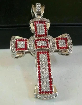4Ct Round Cut Lab-Created Red Ruby Men's Cross Pendant 14K White Gold Finish - Image 1 of 3