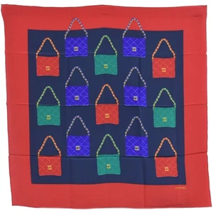 CHANEL 100% Silk Scarf Red Navy Multicolor - Picture 1 of 15