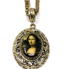 Vintage Mona Lisa Cameo Pendant Necklace Victorian Revival Ornate Bezel Oval