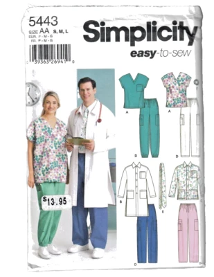 Scrubs Sewing Pattern Top Pants LAB Coat Men & Women Simplicity 5443 SZ S-M-L - Image 1 of 4