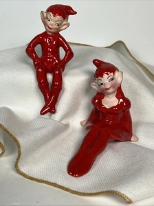 Pair of Gilner Pixie Elf Christmas Ceramic Figurine 1950s MCM Vintage Decor 10 - Picture 1 of 14