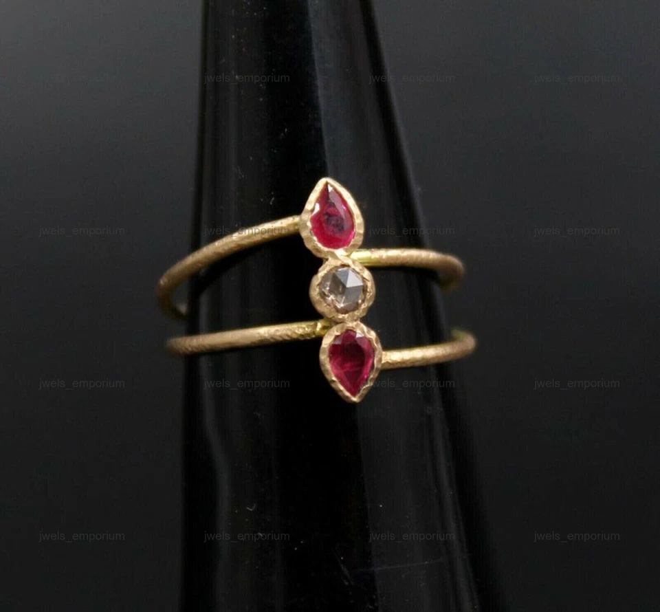 Anillo de diamantes Polki anillo de piedras preciosas de rubí anillo apilable de 3 piedras anillo de plata 925 Foto 1 de 4
