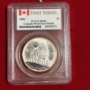 2006 CANADA 1/2 oz .9999 Pure Silver  $1 WOLF  PCGS MS66. Brown Spots