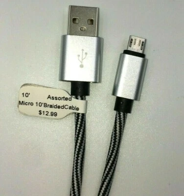 Micro Braided Cable For Samsung Android Black White 10" New - Image 1 of 3