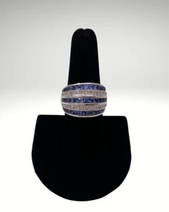 Diamond & Sapphire 5 Row Dome Design Band Gold Ring 18KWG - Picture 1 of 7