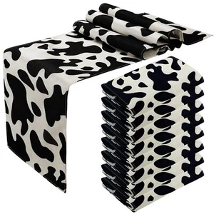Kingdder 8 Pcs Linen Cow Print Table Runner Farm Black and White Cowhide Tabl... - Picture 1 of 7
