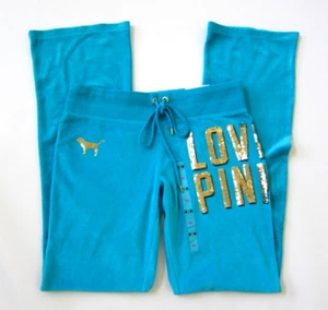 VINTAG BLING Victoria Secret Pink VELOUR SEQUIN DOG LOGO FLARE UNIVERSITY PANT M - Picture 1 of 5