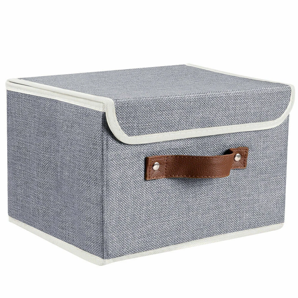 8Pc Collapsible Storage Box With Lid Linen Fabric Foldable Bins Organizer Basket - Image 1 of 4