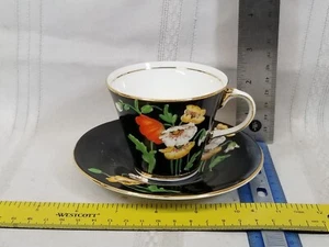 Vtg Aynsley B 4825 Poppy Flower Cup & Saucer on Black Background - Picture 1 of 3