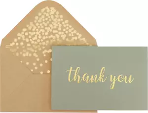 Thank You Cards - Blank 50 Pack Sage Green Matte Finish Cards with Gold Foiled " - Picture 1 of 6