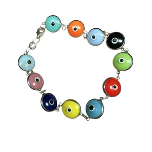 Vtg 925 TURKISH Sterling Silver Colorful Evil Eye Bezel Glass Bracelet *FLAW* - Picture 1 of 11