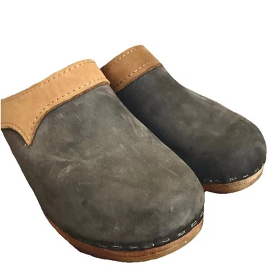 Zuecos Anna Suecos Talla 8 Gris Gamuza Cuero Marrón Dos Tonos Slides Madera Espalda Abierta Foto 1 de 4