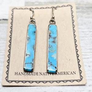 Navajo Sterling Silver Turquoise Inlay Dangle Earrings by Jimmy Poyer Vintage - Picture 1 of 9