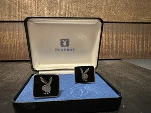 Playboy silver Black cufflinks With Original Box 1980s vintage - Picture 1 of 8