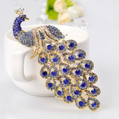 Elegant Blue Peacock Brooch Pin Crystal Rhinestone Bird Jewelry Gift Women New - Image 1 of 4