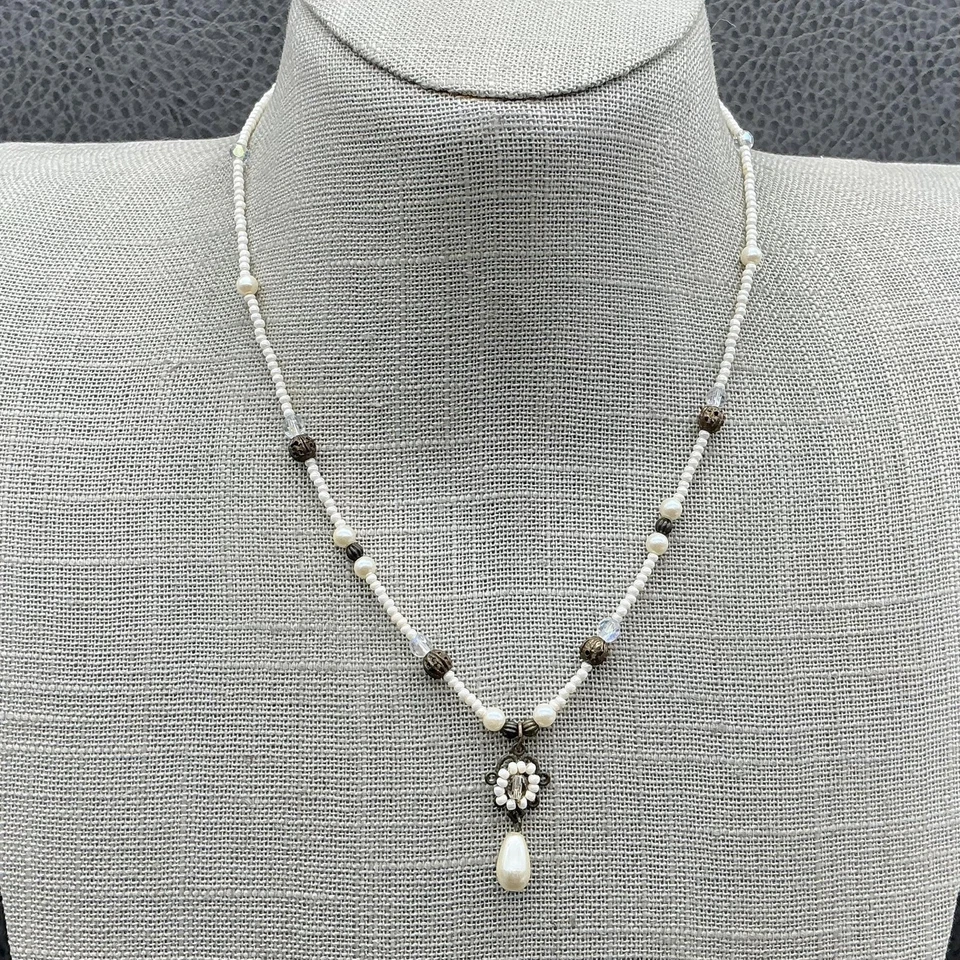 Collar Robert Rose Cuentas Imitación Perla Cristal Lágrima Colgante Tono Dorado 16" Foto 1 de 4