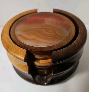 MCM VTG Agate Brazilian Wood Round Felt Back Drink Coasters Geode Stone Set Of 6 - Picture 1 of 2