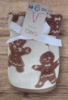 GINGERBREAD MAN & GIRL Christmas PLUSH BATHROOM HAND TOWELS (2-Pc) Caro Home NEW - Image 1 of 2