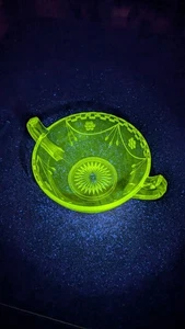 Vintage Depression Uranium Glass Double-Handled Bowl – Etched Floral, UV Glow - Picture 1 of 6