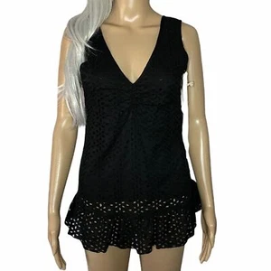 NWT Women's Tulle Black Eyelet Peplum Cotton V-Neck Tank Medium - Picture 1 of 7