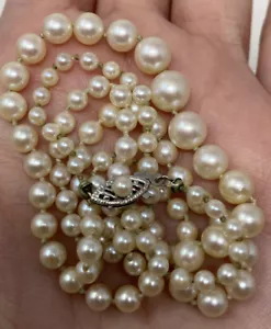 VINTAGE 10K GOLD Filigree Clasp 20” GRADUATING SIZE CULTURED PEARL NECKLACE - Picture 1 of 7