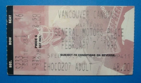 2/7/96 **Hartford WHALERS vs Vancouver CANUCKS* **USED NHL Hockey TICKET Stub** Cover
